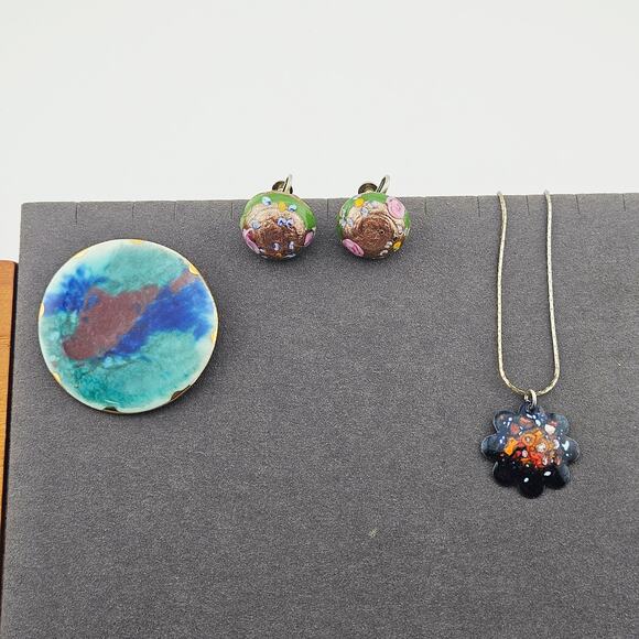 Enamel Jewelry Set Earrings Necklace Brooch Colorful Artsy Renaissance Fairy - Picture 1 of 9